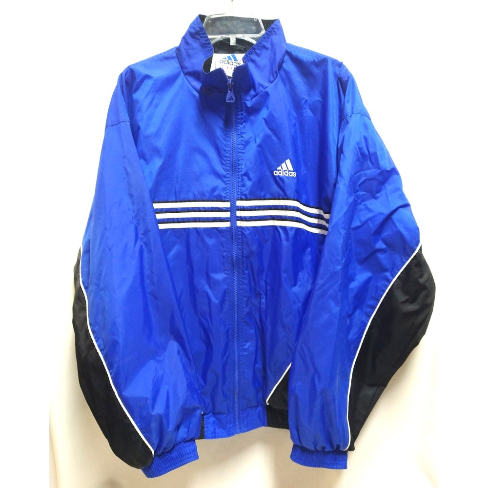 VINTAGE ADIDAS JACKET, BLACK & BLUE, SIDE ZIP POCKETS, SIZE L, FAIR CONDITION